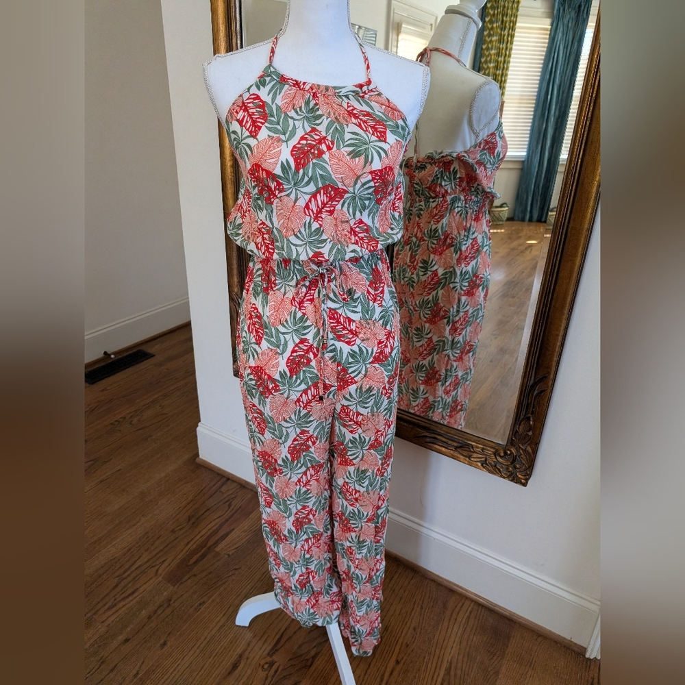 Tropical Leaf Print Halter Jumpsuit